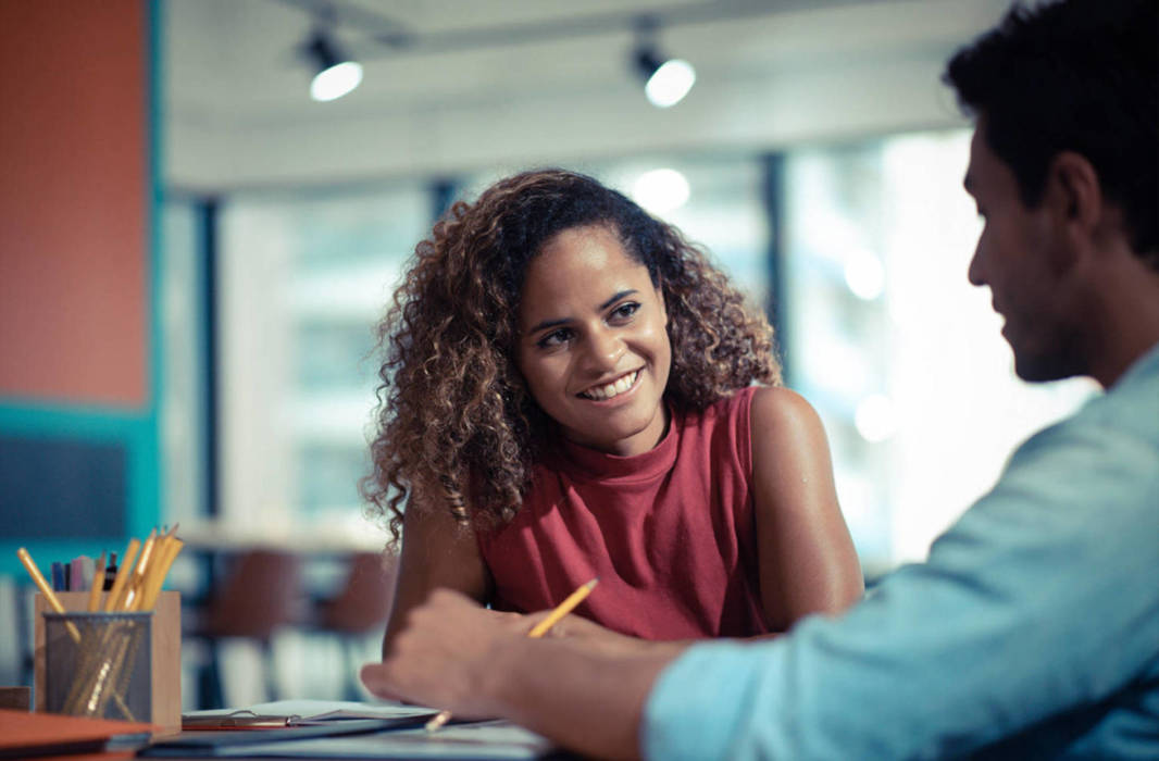 Female listening to someone talking about career management