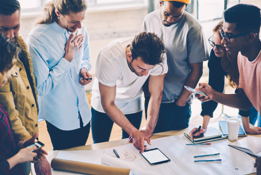 Team of employees working and communicating together